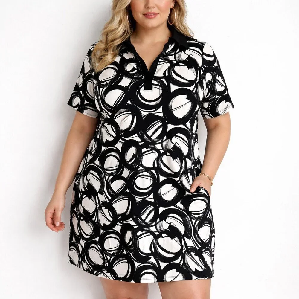 Shan Black White Geometric Print Scuba Fabric Dress XL - Picture 1 of 6